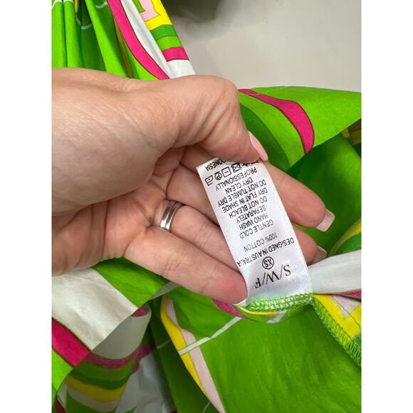 NEW S/W/F Puff Sleeve Babydoll Geometric Ruched Mini Dress Green Chartreuse - Picture 6 of 9